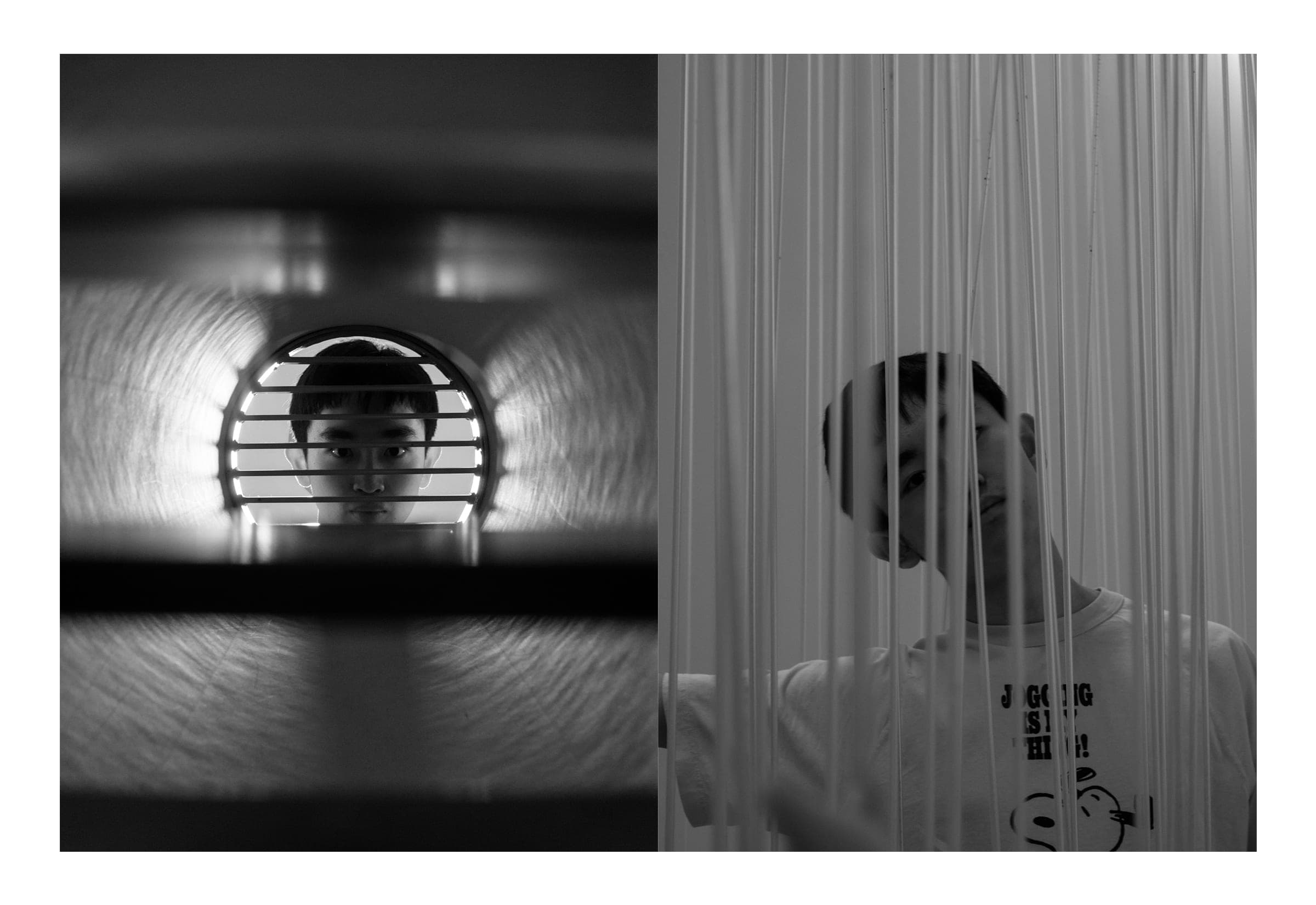 Diptych: a face framed in a lit tunnel, and a figure behind hanging strings, black and white
