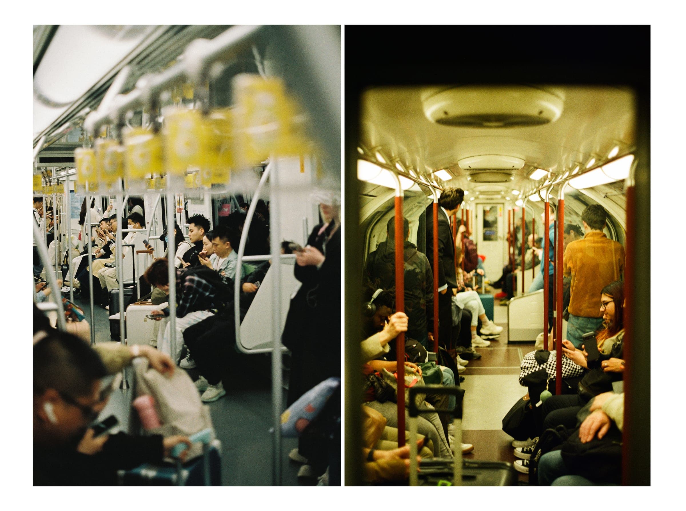 Diptych: passengers sitting and standing in two metro carriages
