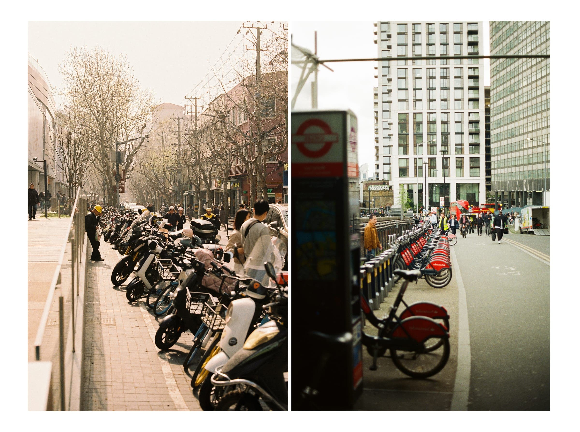 Diptych: a long row of parked scooters, and a cycle-hire dock in London