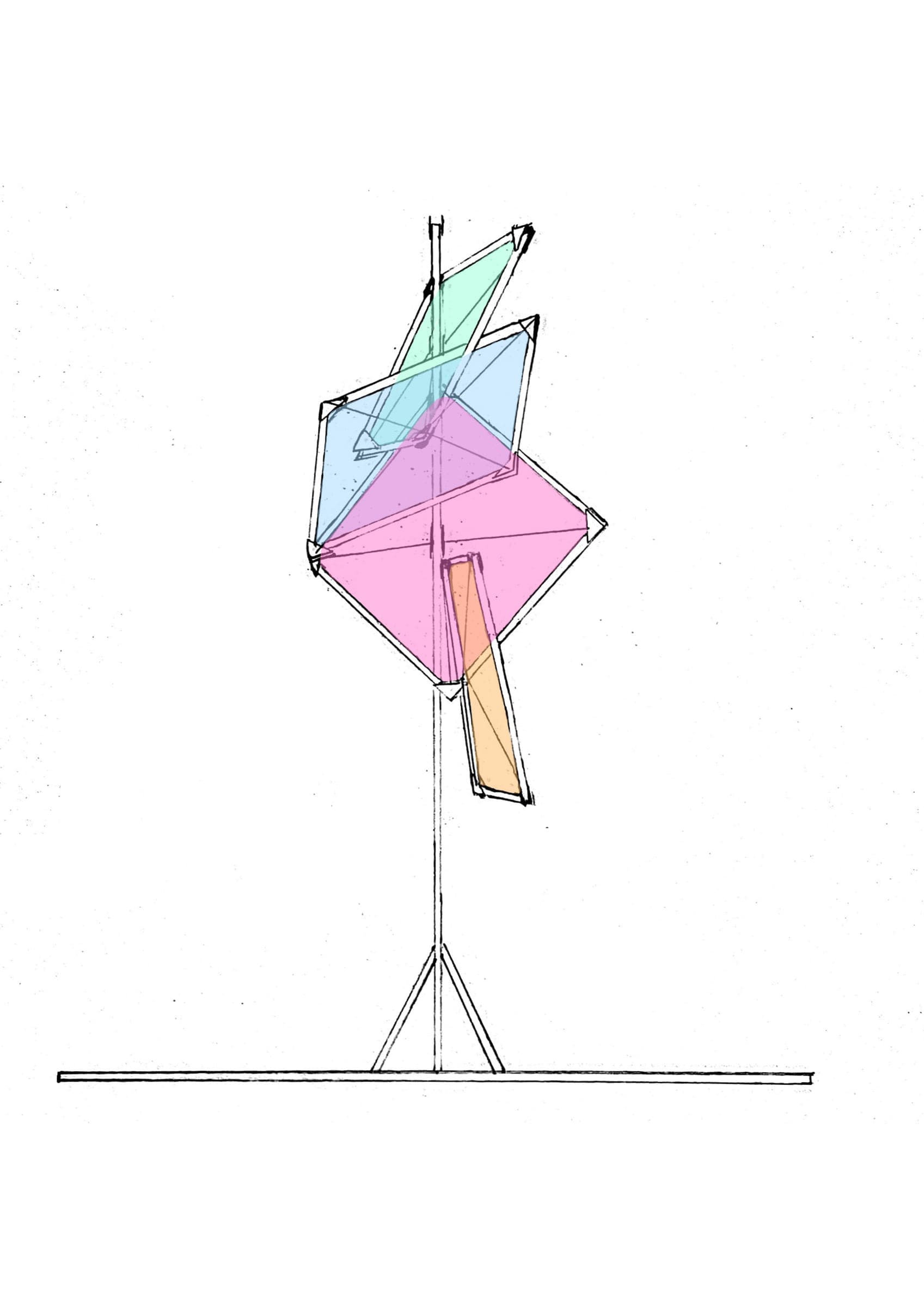 Section through the model: coloured planes stacked on a slender stand
