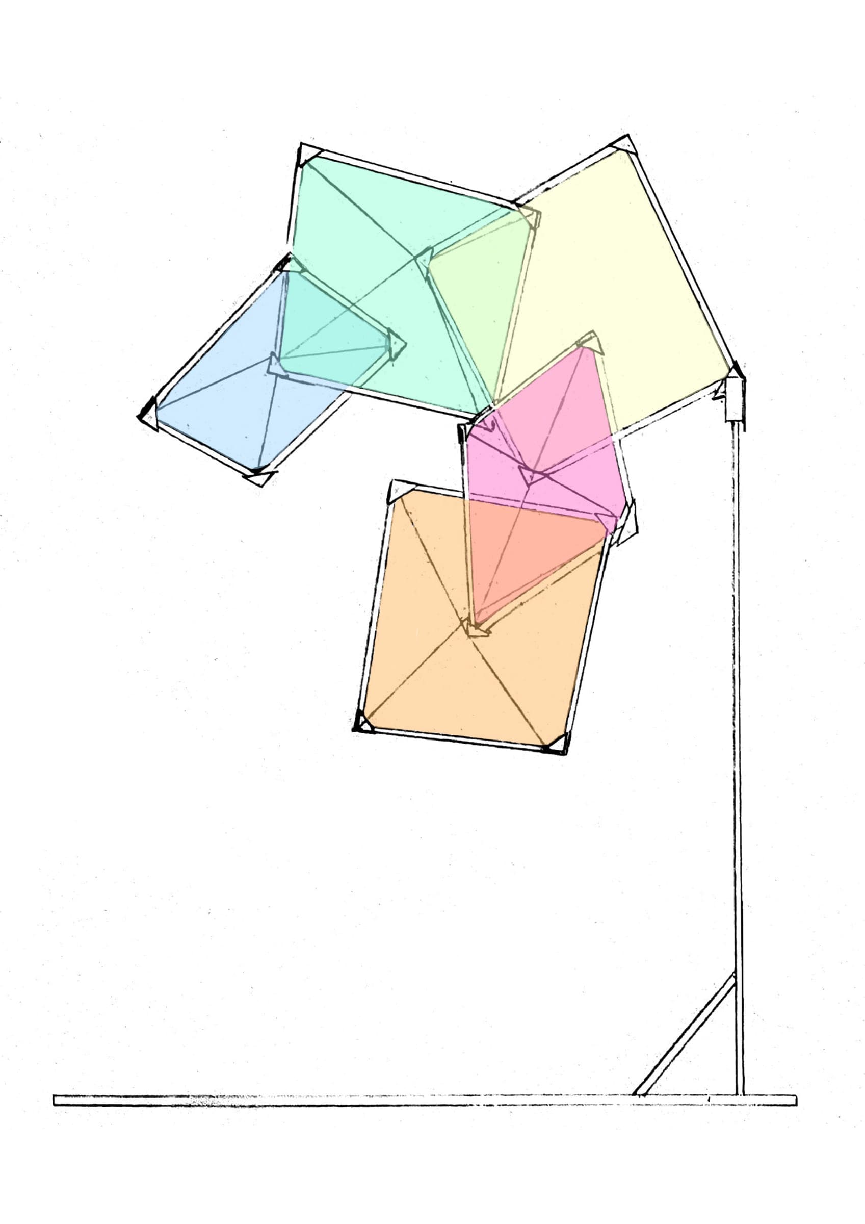 Elevation of the model: coloured planes cantilevered from an upright frame