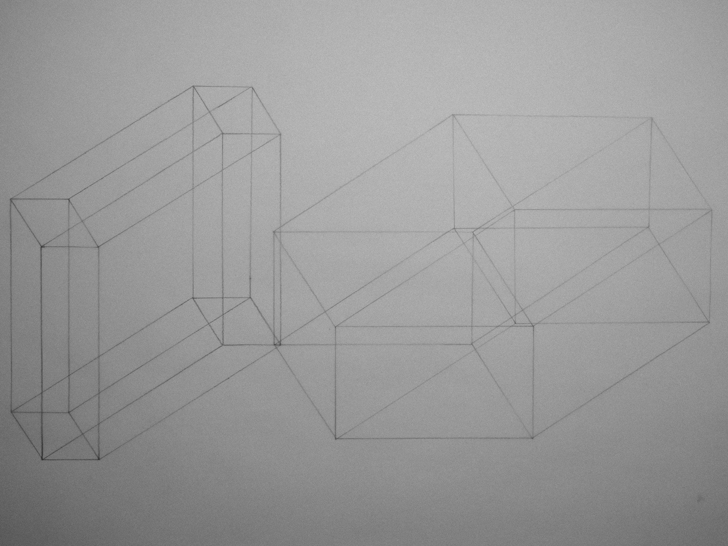 Pencil drawing of two interlocking open prisms