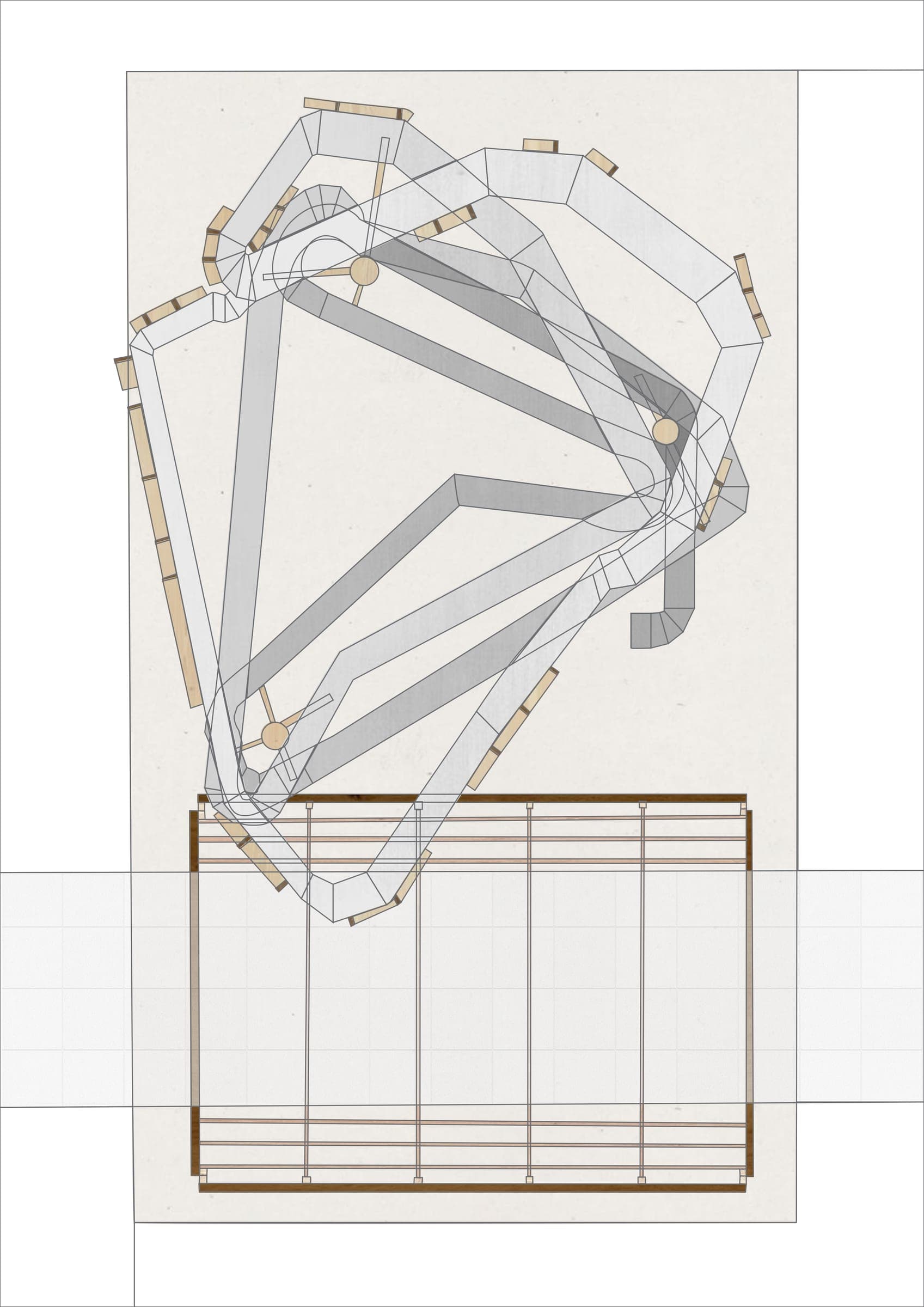 Plan of Emerge: looping bent-wood walkways over a rectangular market hall