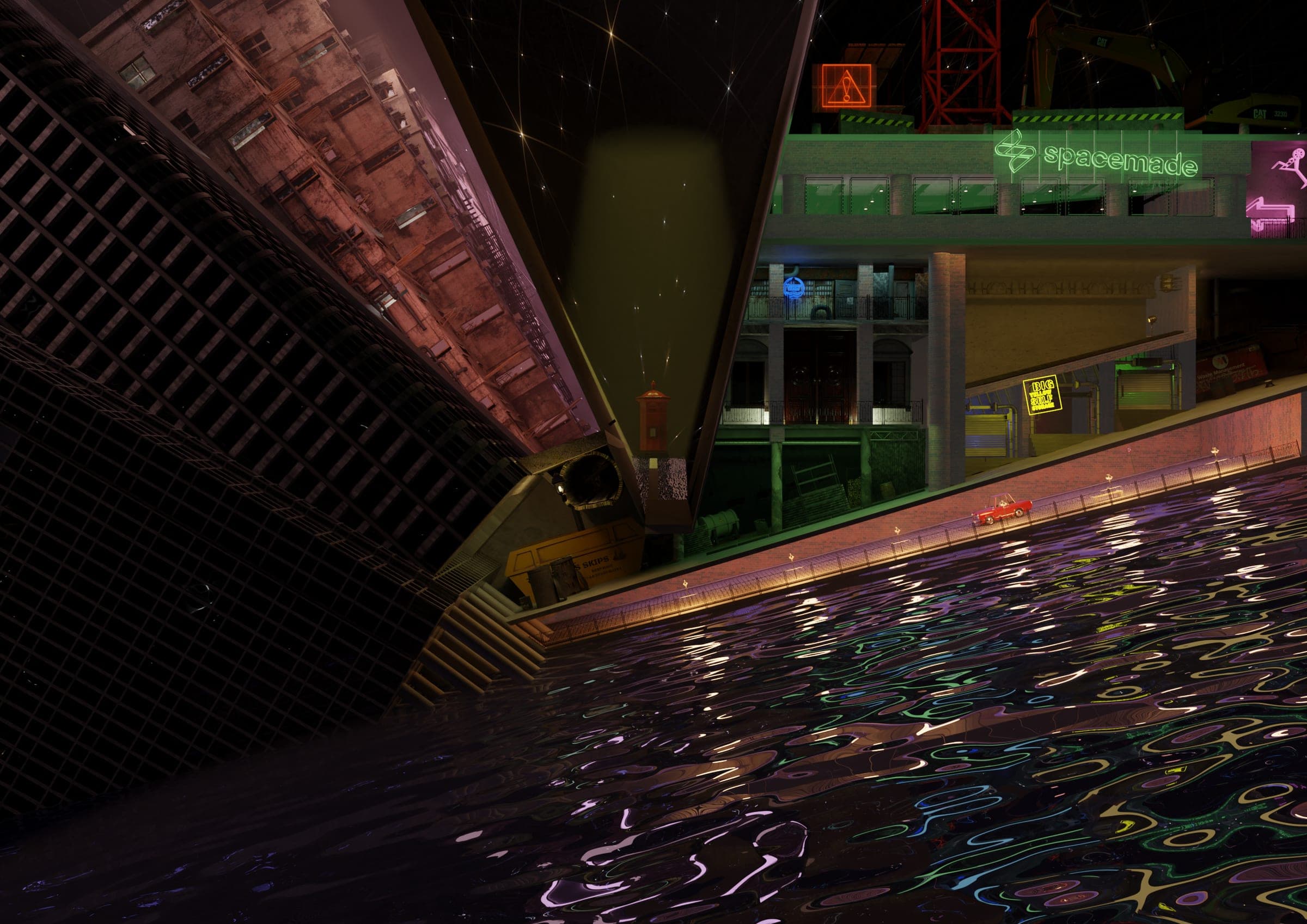 Final render: a tilted London street at night, flooded and lit by neon signs