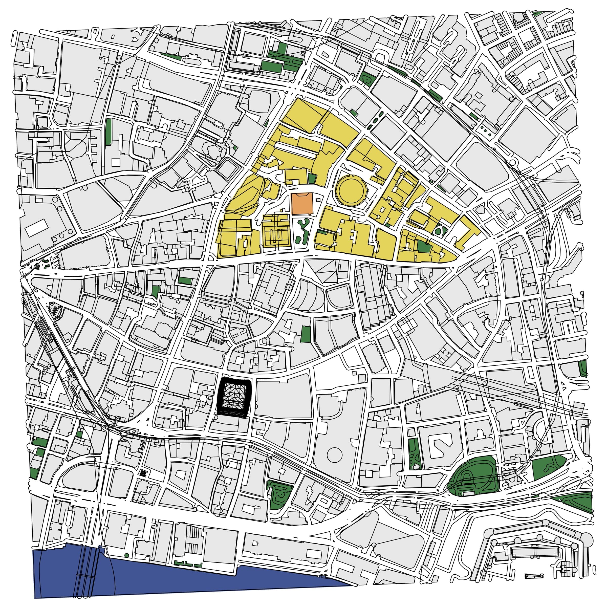 Site analysis drawing of the City of London, the study area picked out in yellow