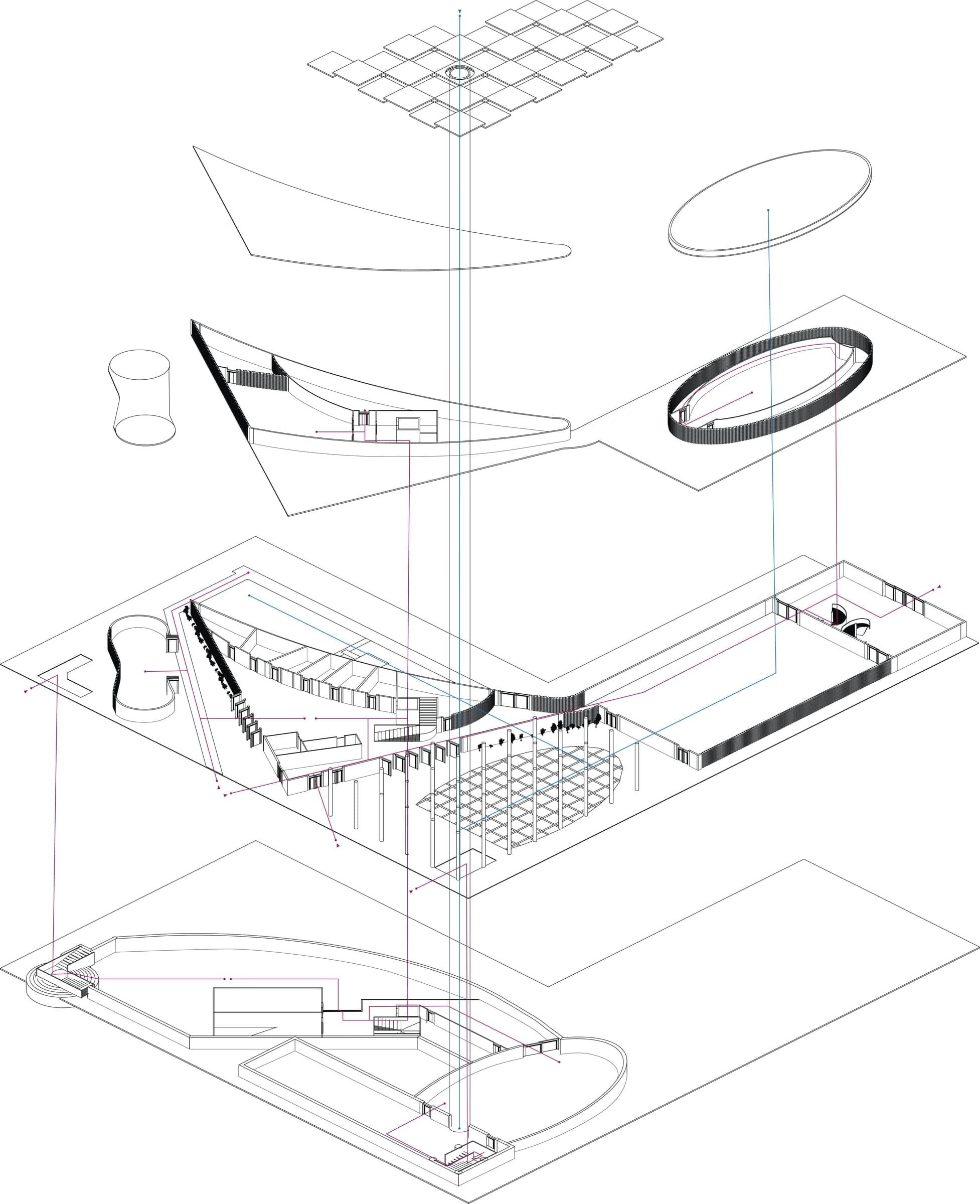 Exploded axonometric of the pavilion: canopy, roof, floor plates and landscape